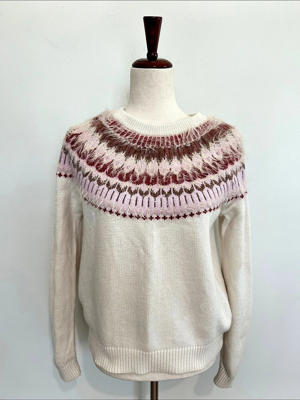 Lilla P Fair Isle Fuzzy Crewneck Sweater Cream & Red Small